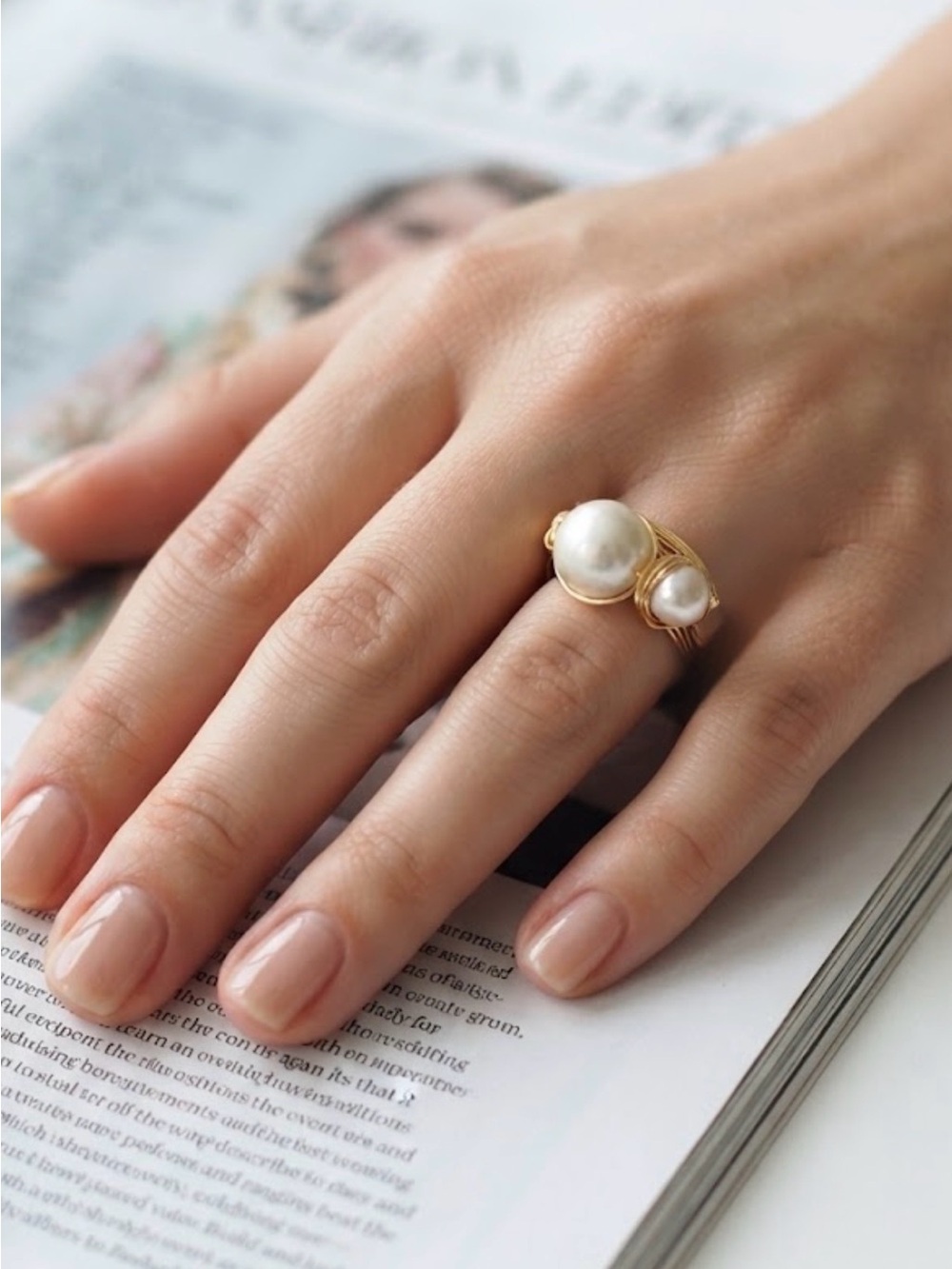 Wire wrapped Gold Pearl faux Double-Row Ring - White Pearls size 8.5